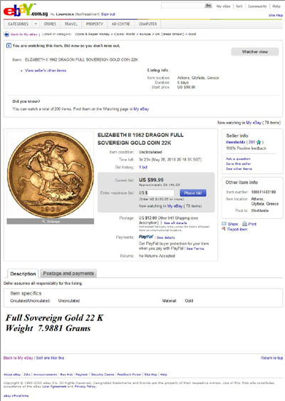 thresholdz 1962 Gold Sovereign eBay Auction Listing